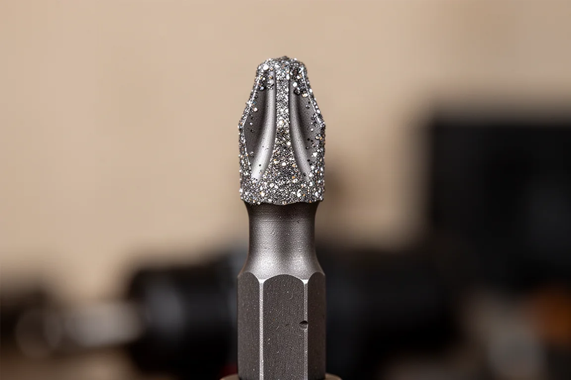 Primer plano de la punta de una punta con recubrimiento de granulado de diamante que muestra una superficie metálica texturizada