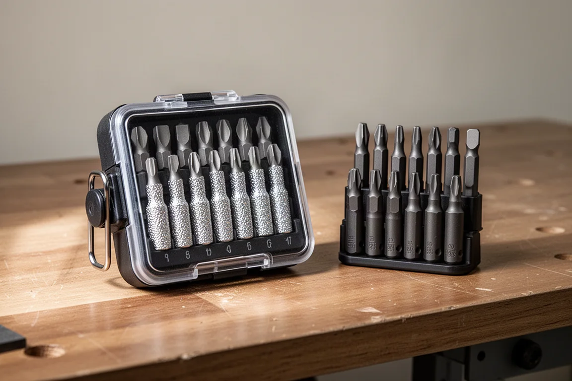 Ryobi diamond grit bit set and Flex impact bits arranged on a wooden workbench