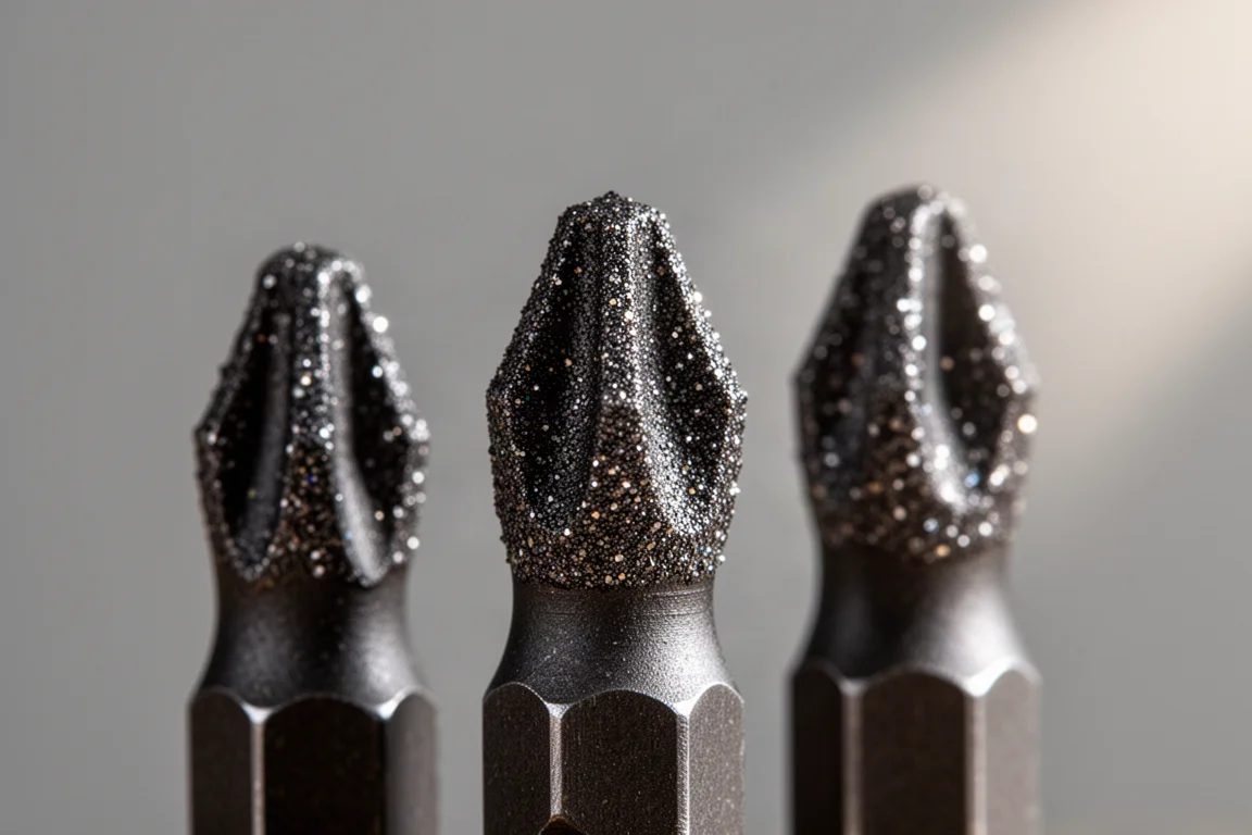 Close-up of impact driver bit tips showing sparkling diamond grit coating