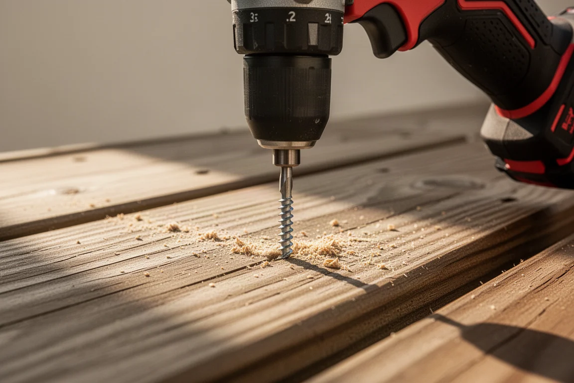Impact driver driving a screw into a deck board during heavy use