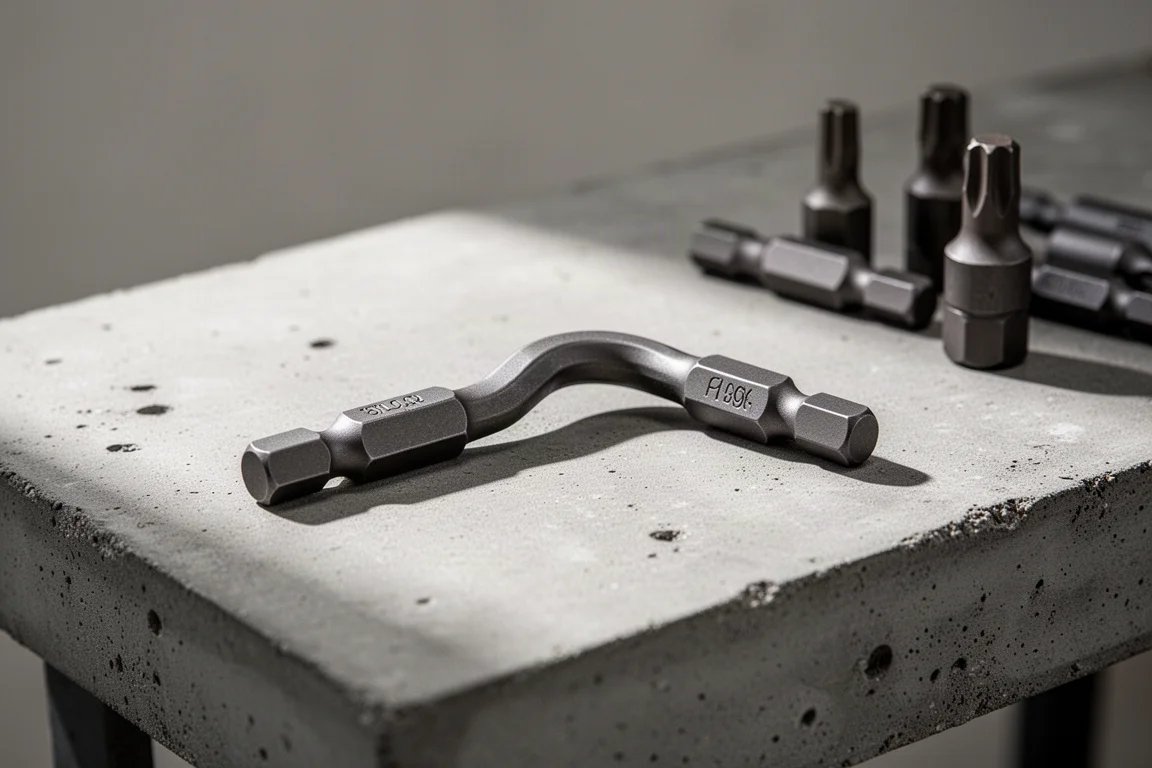 Slightly bent flat driver bit lying on a workbench next to other bits