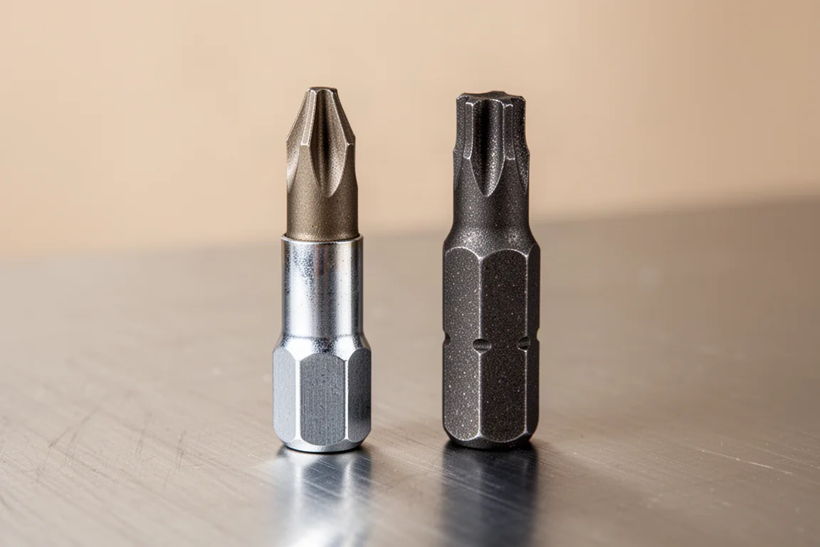 Phillips bit showing partially uncoated shaft compared with a fully coated Torx bit