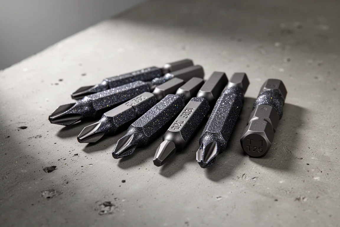 Set of dark diamond grit coated impact driver bits arranged on a concrete workbench