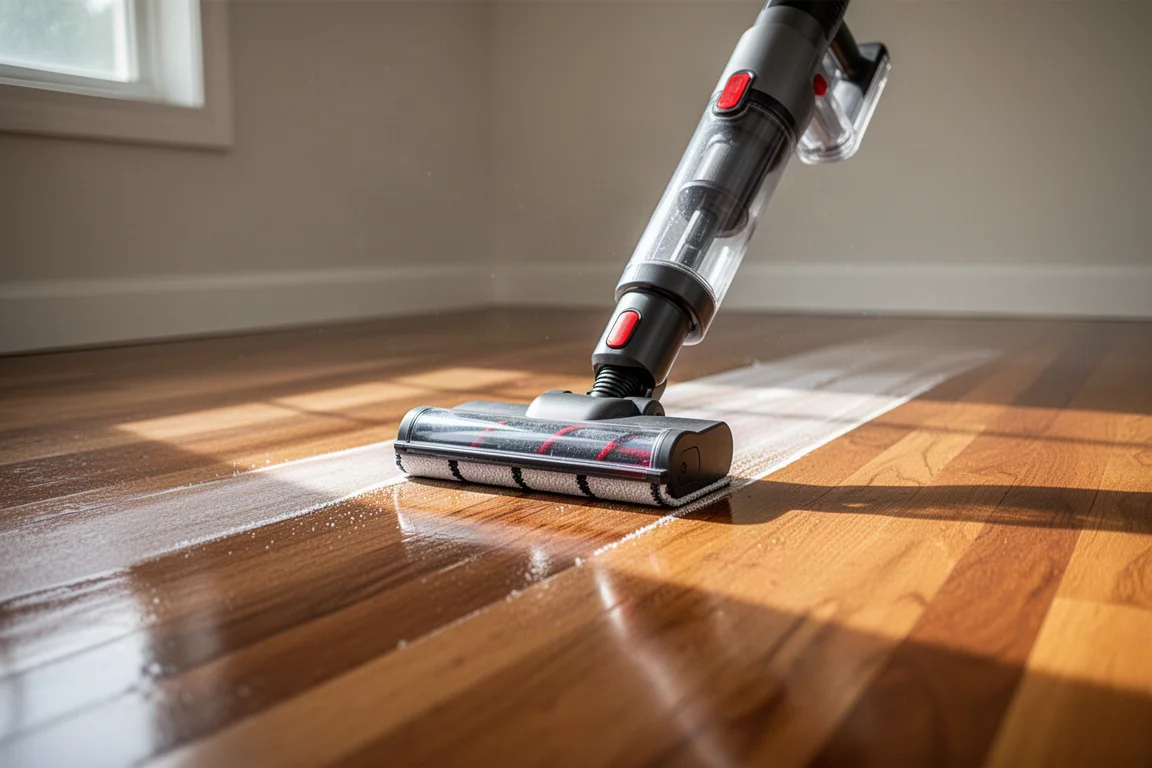 Cordless vacuum mop gliding across a hardwood floor picking up a spilled mess