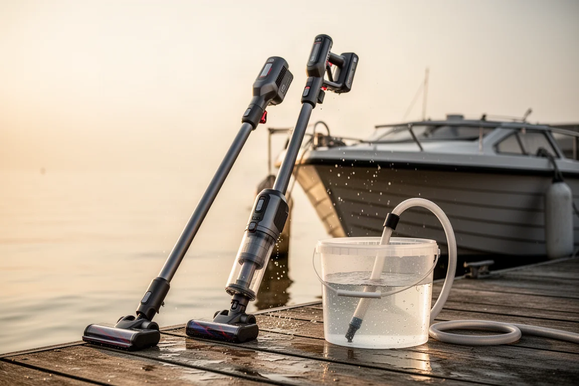 Portable power cleaner drawing water from a bucket next to a boat