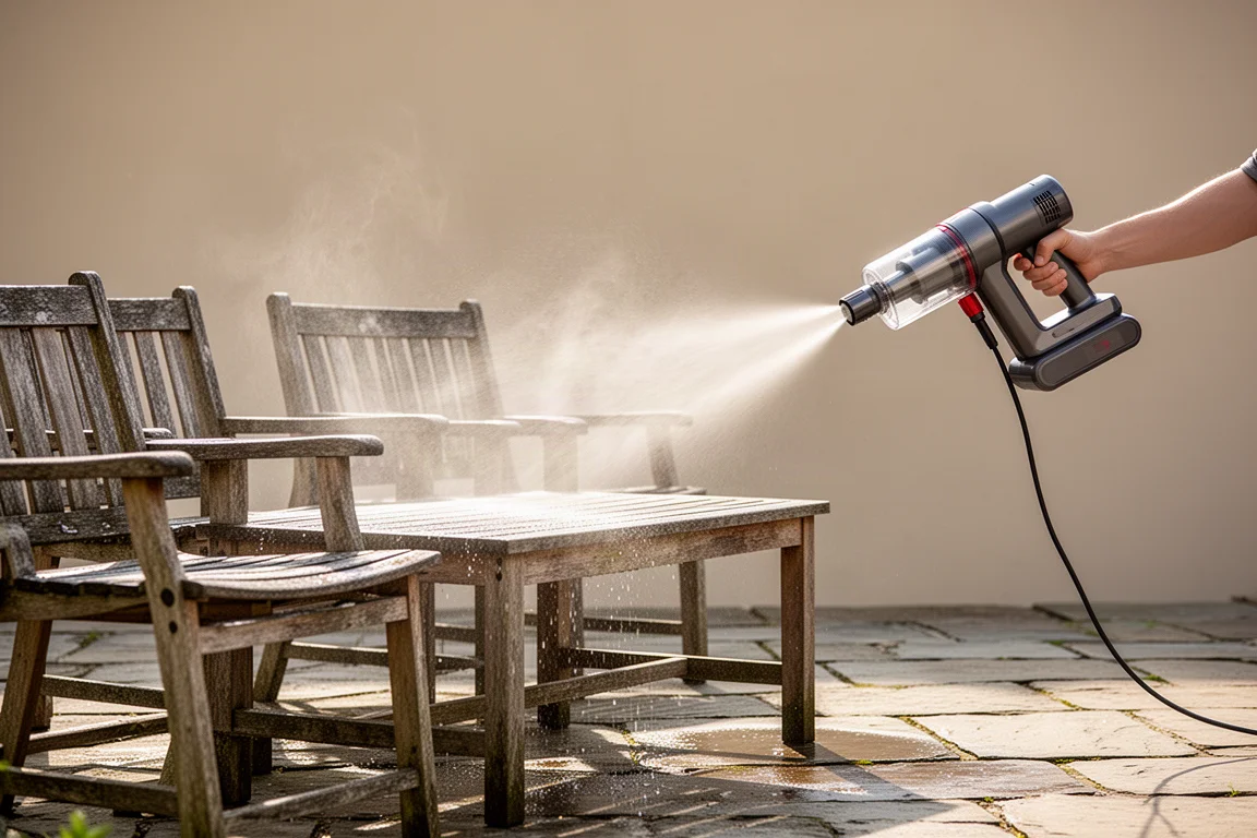 Handheld power cleaner spraying water over patio furniture