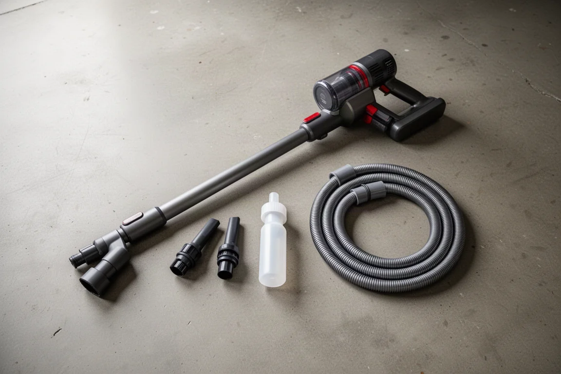 Garage workbench with cordless cleaning tools laid out for a weekend project