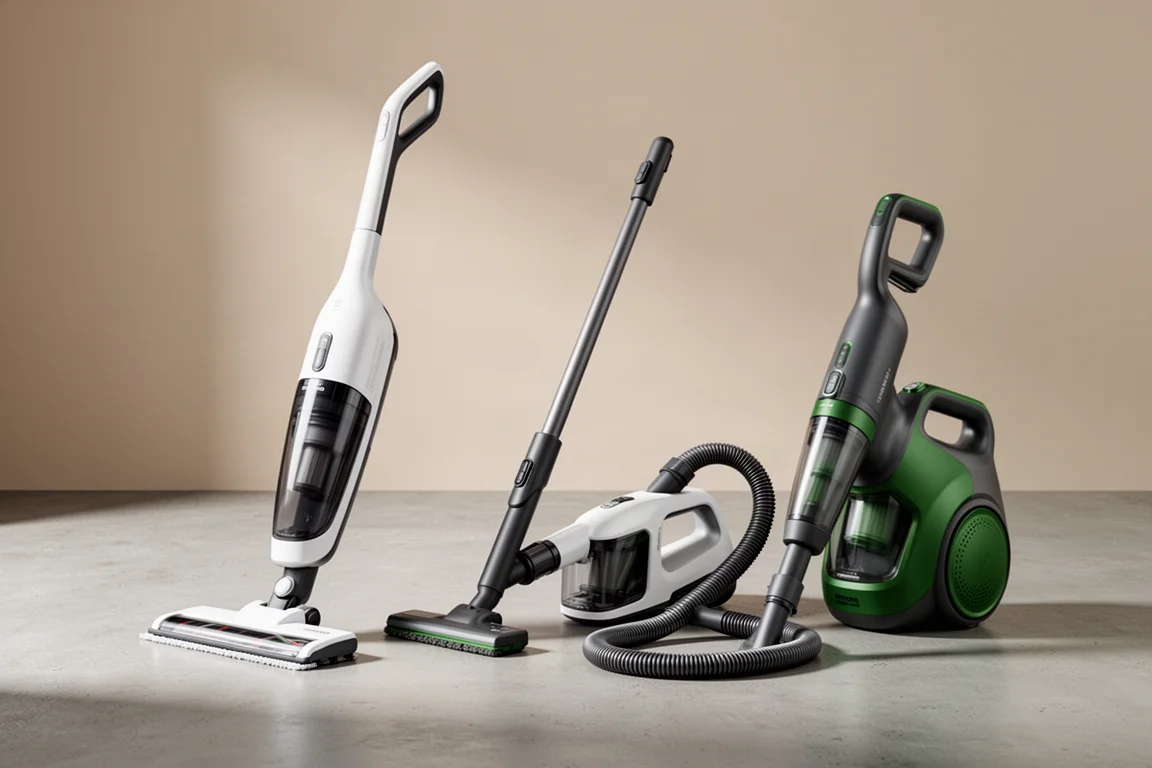 Ryobi vacuum mop and two cordless power cleaners on a concrete surface