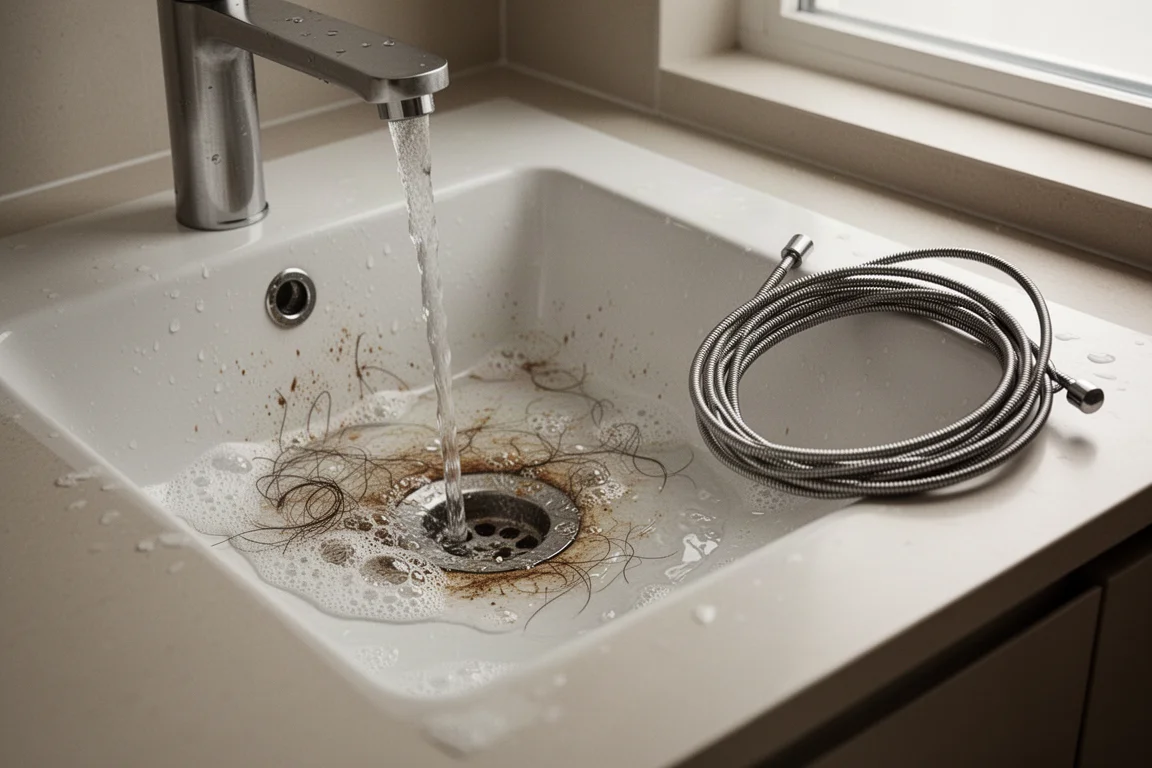 Lavabo de baño con agua que drena lentamente y un cable de desatascador enrollado cerca