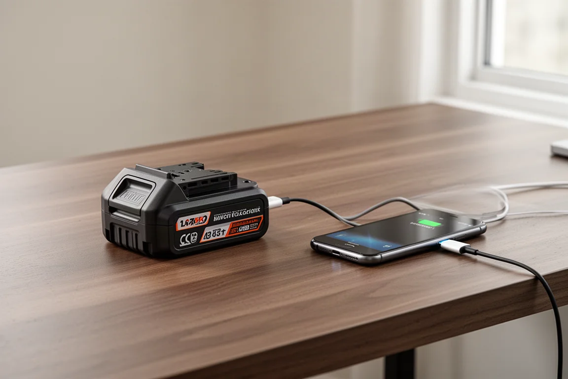 Batería de litio recargable compacta conectada a un smartphone mediante cable USB