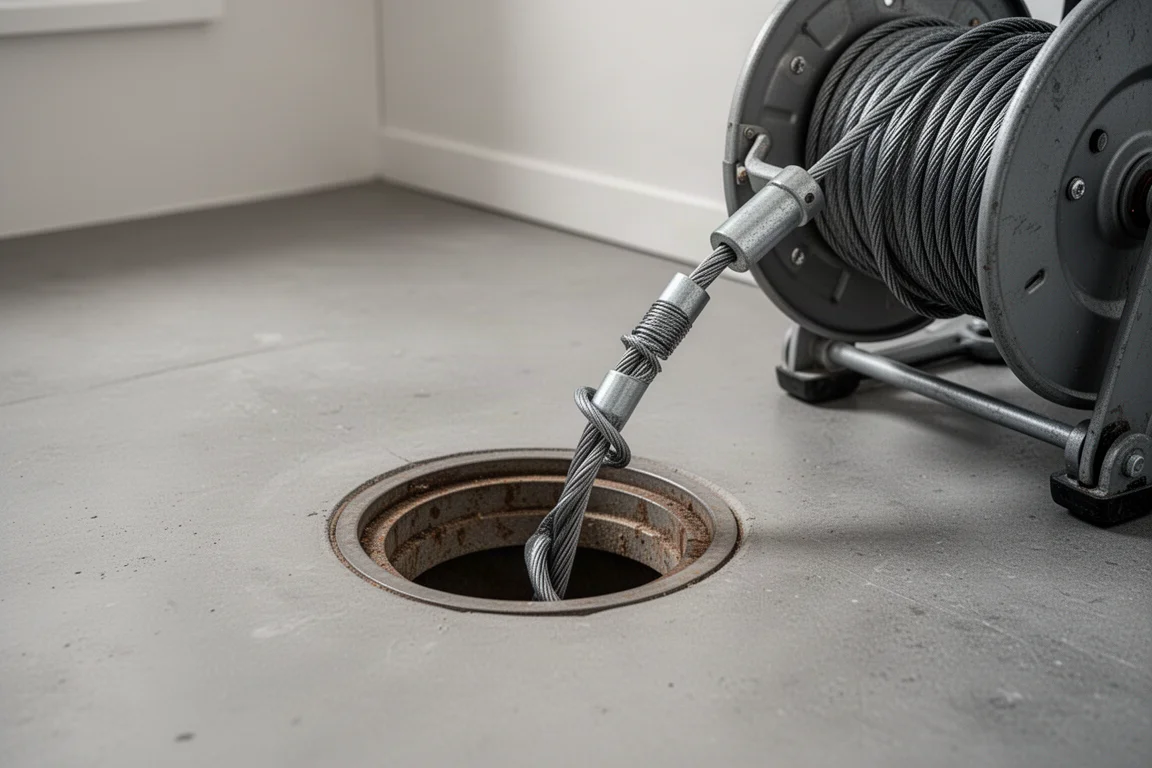Cable de desatascador entrando en un desagüe de suelo en una sala de servicio