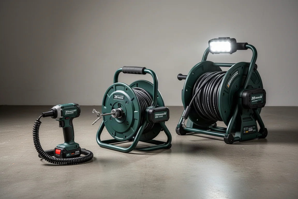 Three Ryobi drain augers of increasing size arranged on a concrete workshop floor