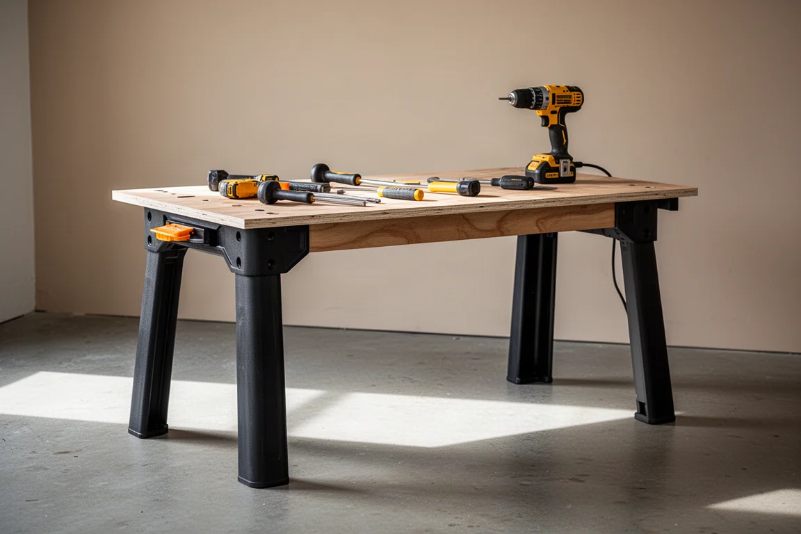 Garage workshop scene with a sturdy workbench and tools laid out