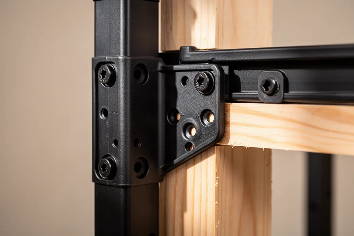 Close-up of self-aligning screw guides on a polymer workbench leg bracket
