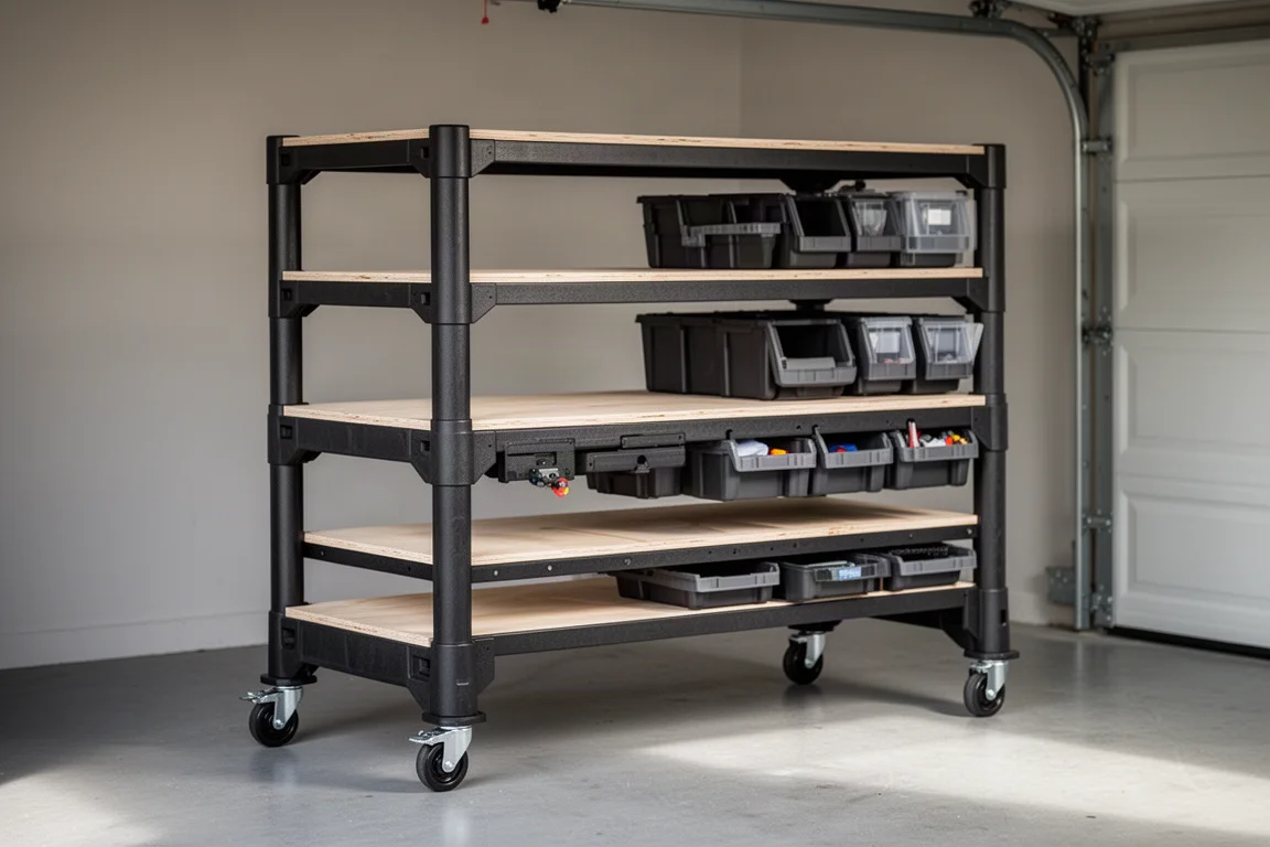 Three-tier workbench with caster wheels in a garage setting