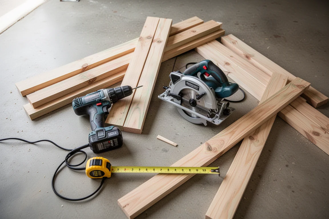 Drill and circular saw resting on lumber during a workbench build