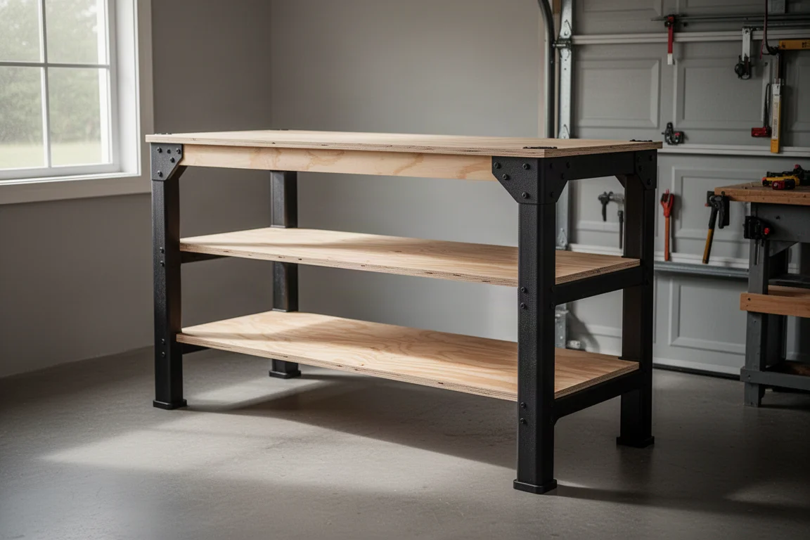 Custom garage workbench with black polymer legs and plywood shelves
