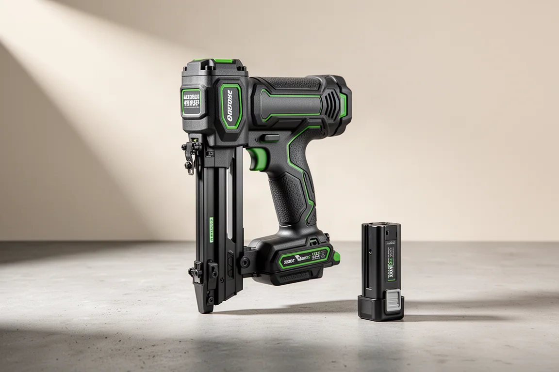 Cordless framing nailer standing upright on a concrete surface