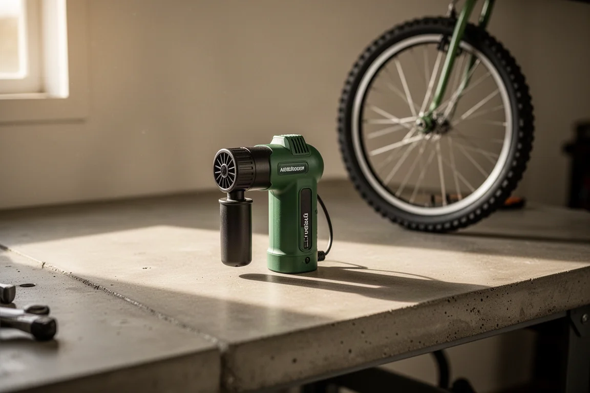Gonfiatore compatto da tenere in mano appoggiato su una pansserie da garage accanto a una ruota di bicicletta