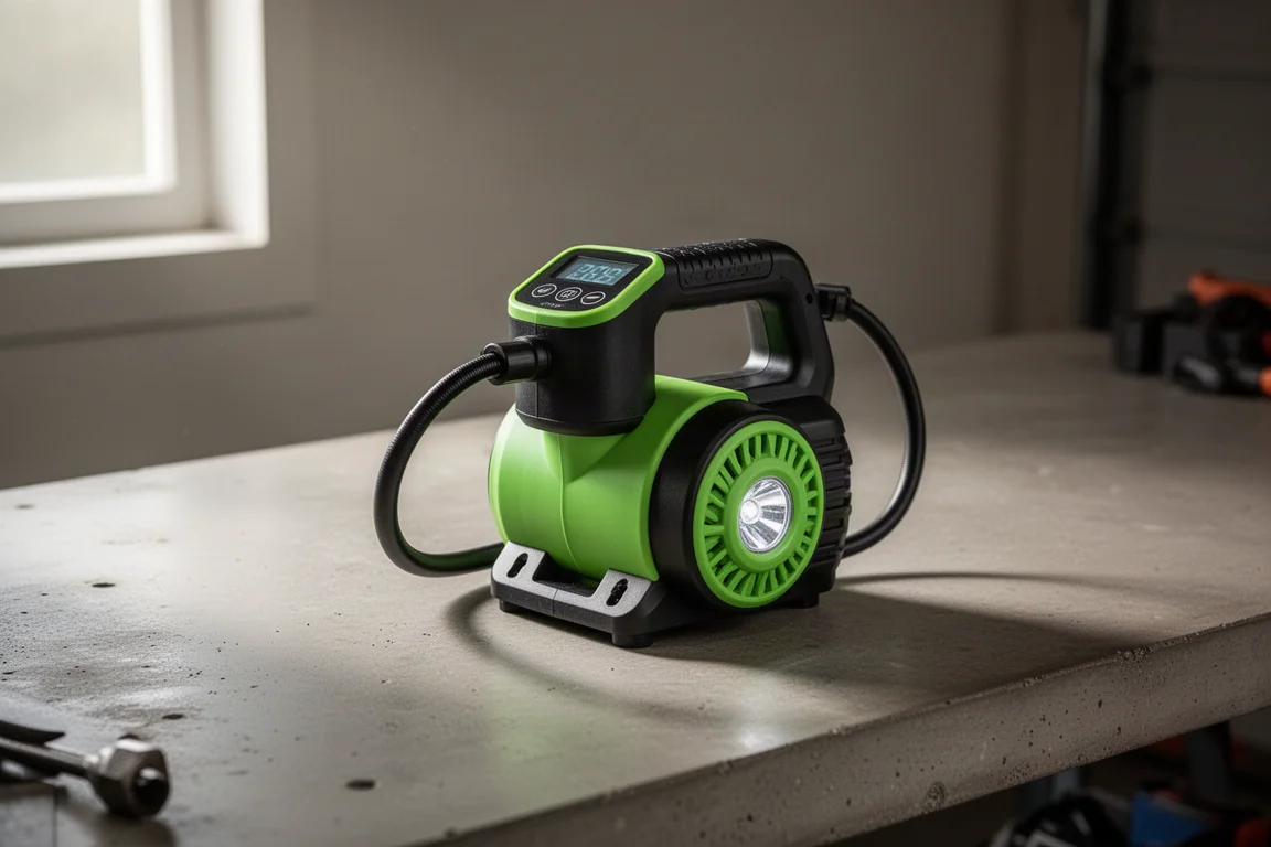 Compatto gonfiatore a batteria in stile Ryobi da tenere in mano appoggiato su una pansserie da garage