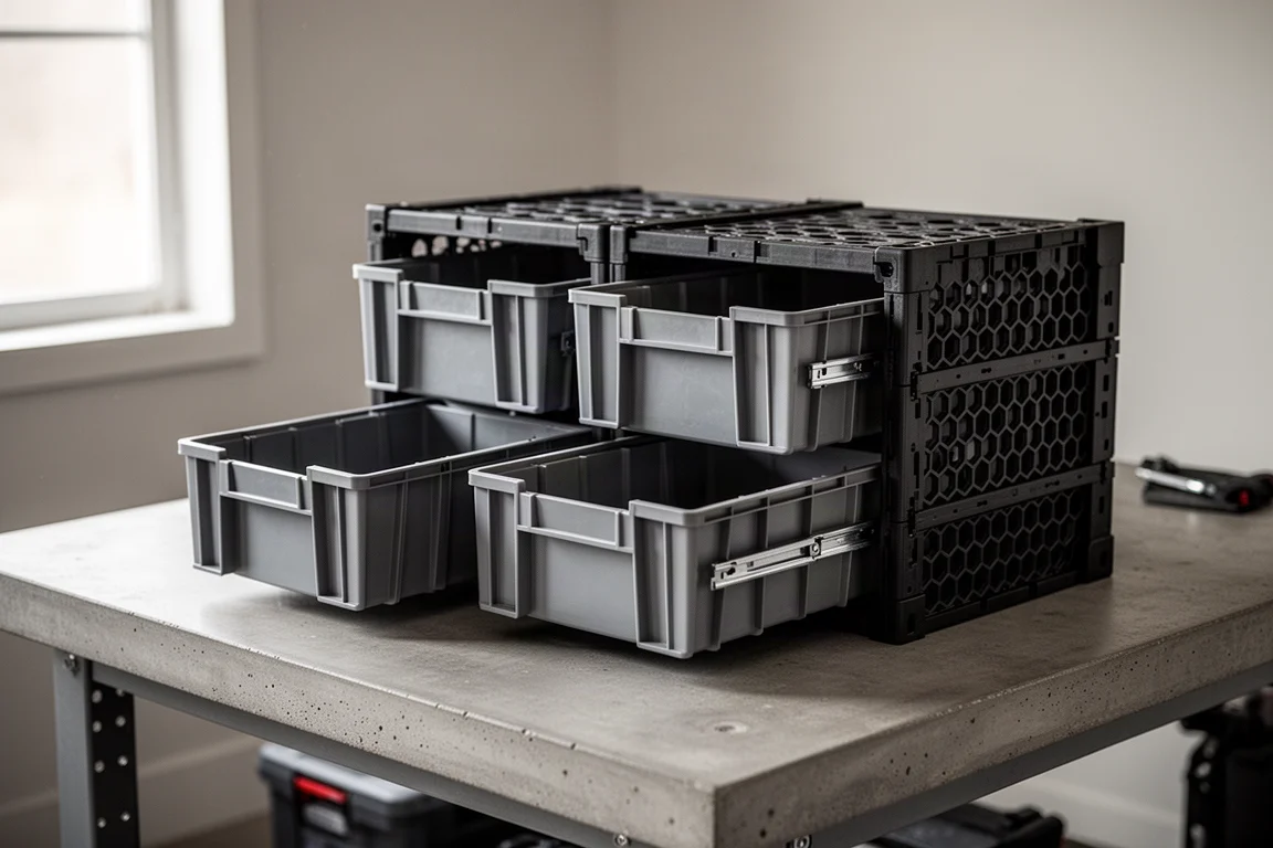 Modularer Garage-Aufbewahrungsorganizer mit herausnehmbaren Schlitzboxen auf einer Werkbank