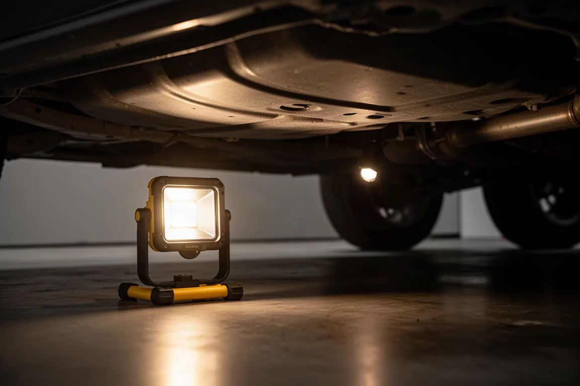 Arbeitsleuchte unter dem Auto wirft einen hellen Lichtkegel in eine dunkle Garage