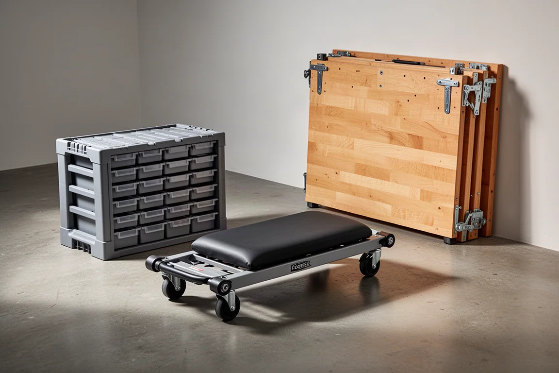 Ryobi LINK organizer, creeper seat, and folding wall-mounted workbench on a concrete floor