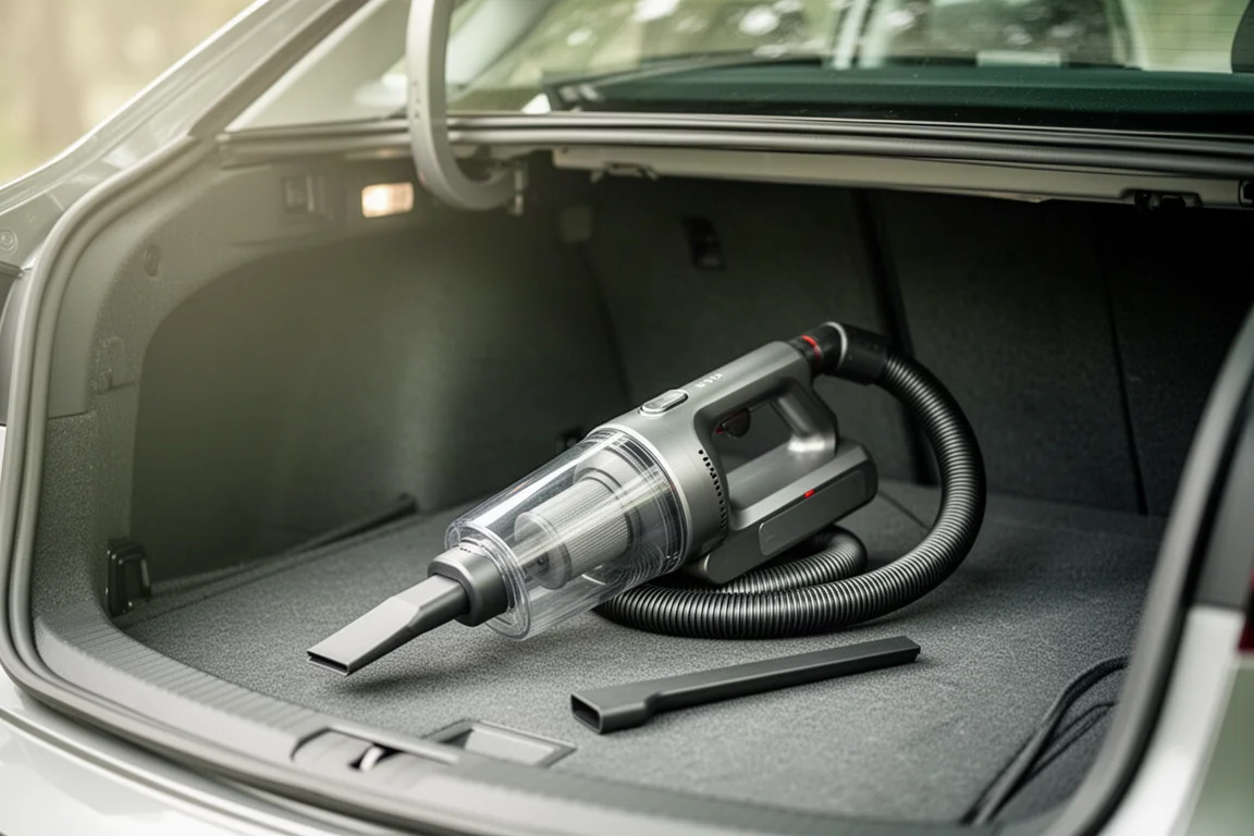 Compact portable vacuum resting on car trunk carpet next to a crevice tool