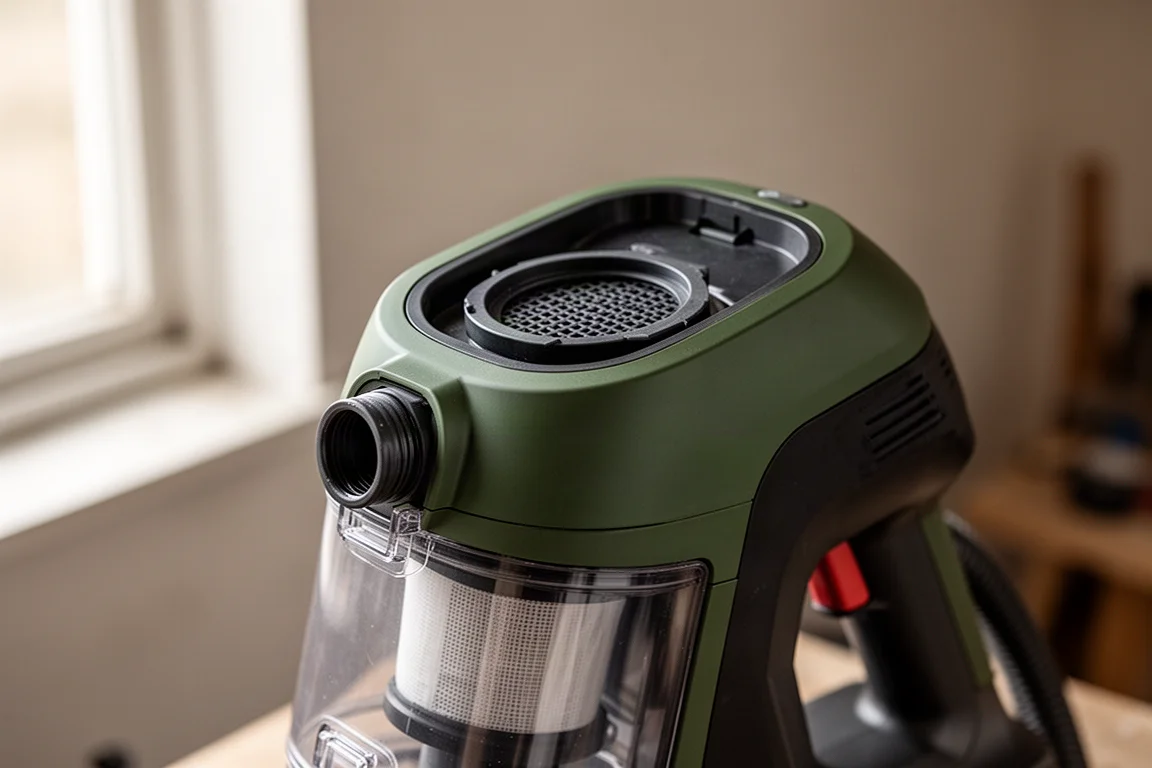 Vacuum filter housing detail showing dust bin and top filter position