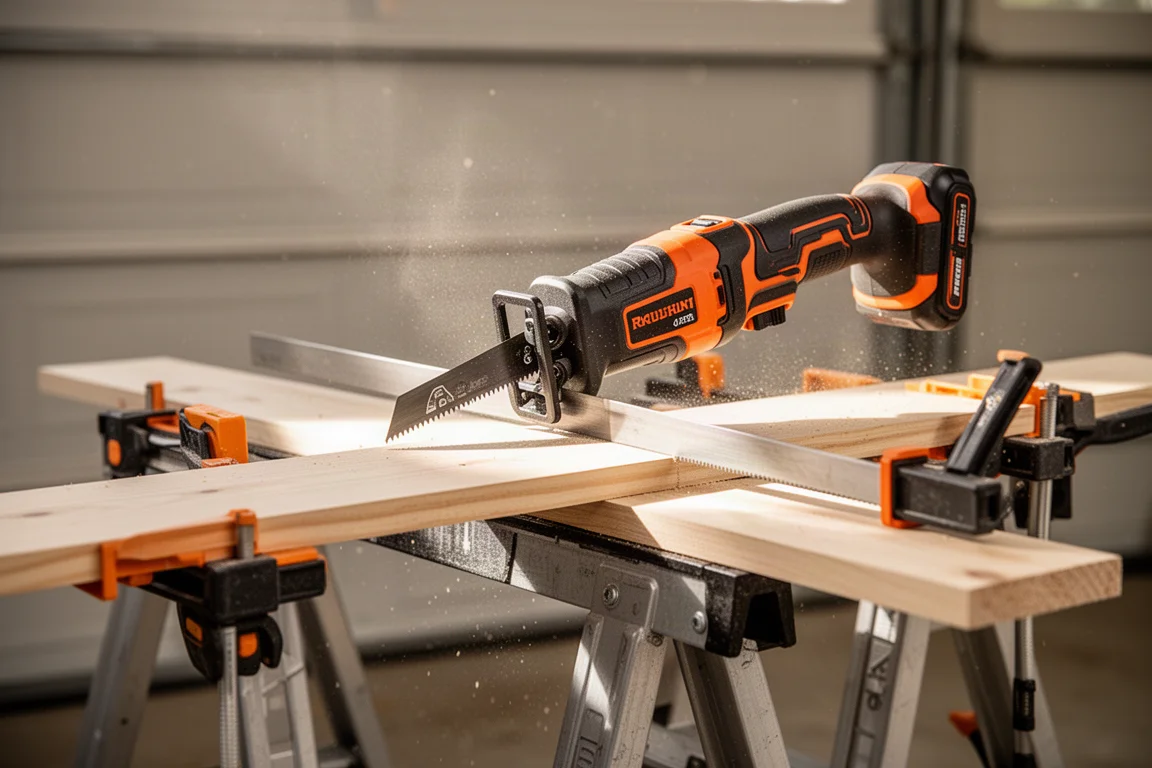 One-handed reciprocating saw cutting through a wooden board clamped on sawhorses