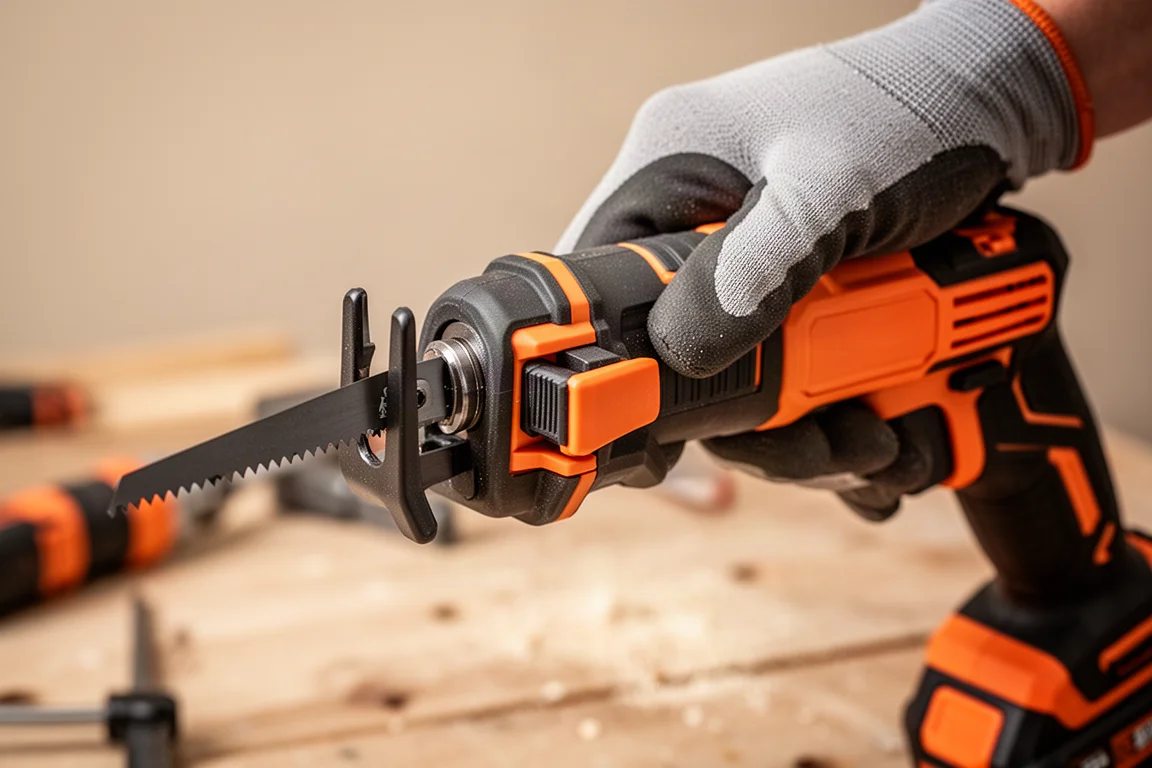 Close-up of a gloved hand using the tool-free blade release lever on a reciprocating saw