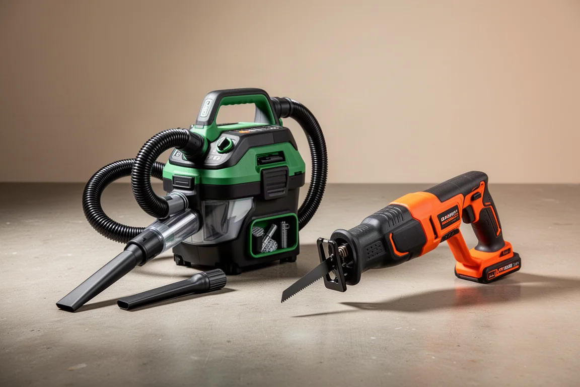 Ryobi GoGo Vac and Ridgid one-handed reciprocating saw side by side on concrete