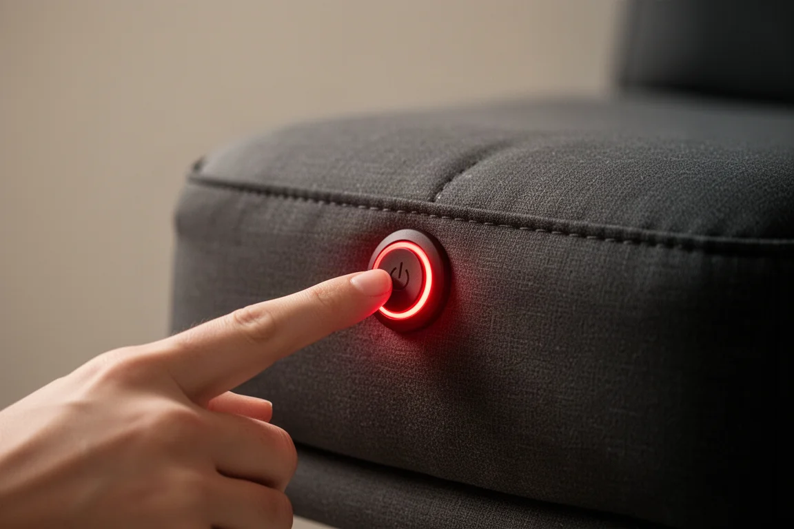 Hand drückt einen kleinen Knopf, der auf einem Sitzkissen rot leuchtet