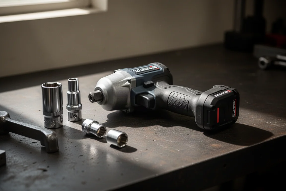 Impact wrench cordless appoggiato su un banco di lavoro con busiglie nelle vicinanze