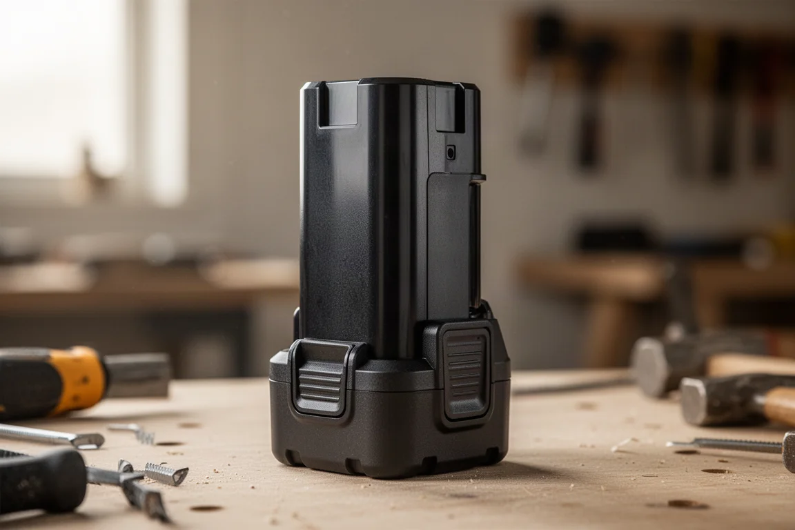 Primo piano di una grande batteria ad alta capacità per utensili elettrici su un banco di lavoro