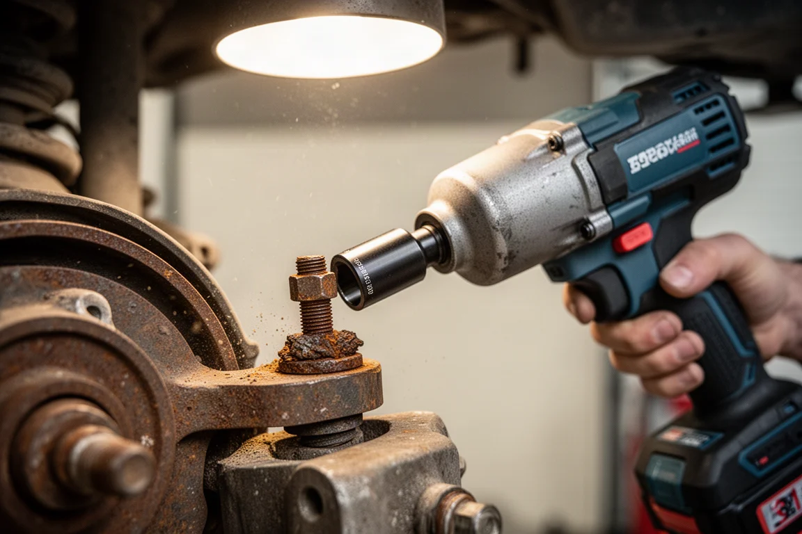 Impact wrench che allenta un bullone ossidato su un componente delle sospensioni di un'auto