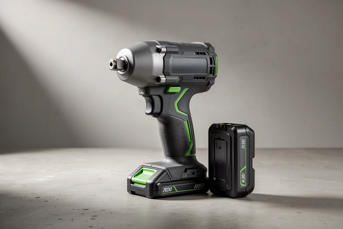 Impact wrench cordless compatto in piedi sul cemento accanto a una batteria slide-in