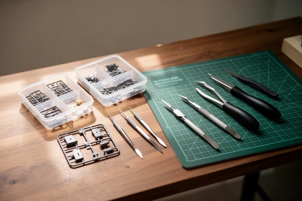 Hobbybänk med små verktyg, modeller och delar organiserade för detaljarbete