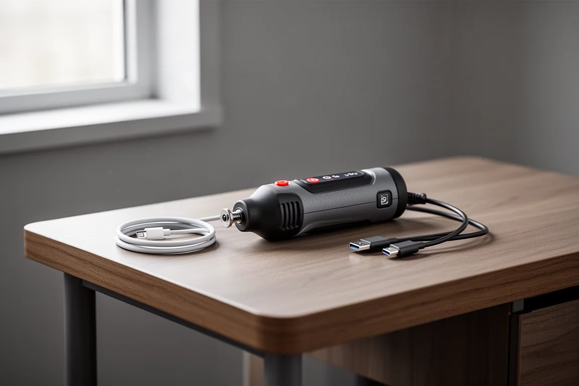 Bärbart multifunktionsverktyg med USB-C-kabel som laddas vid en kompakt skrivbordsplats