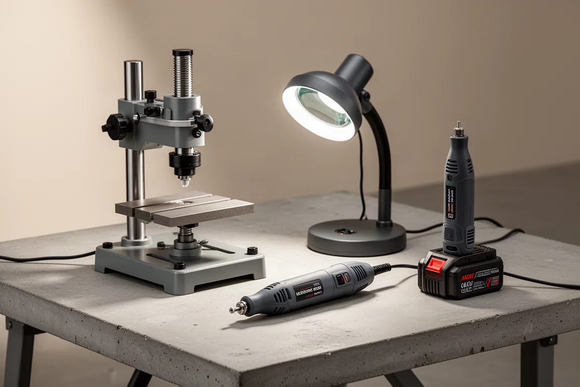 Quattro strumenti hobbistici Ryobi disposti su una bancale di lavoro in cemento