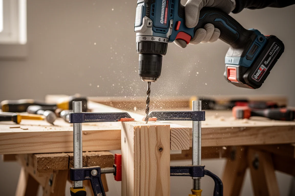 Cordless drill driver boring into a wooden stud on a workbench