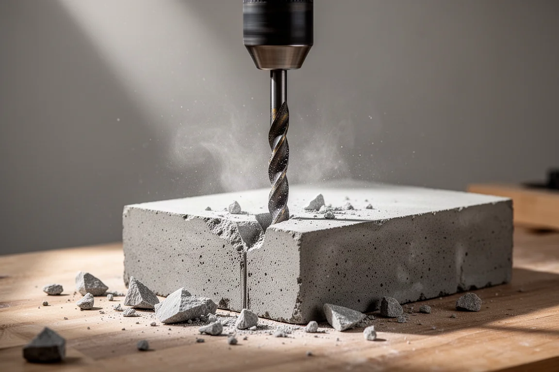 Hammer drill bit making contact with a concrete block in a workshop