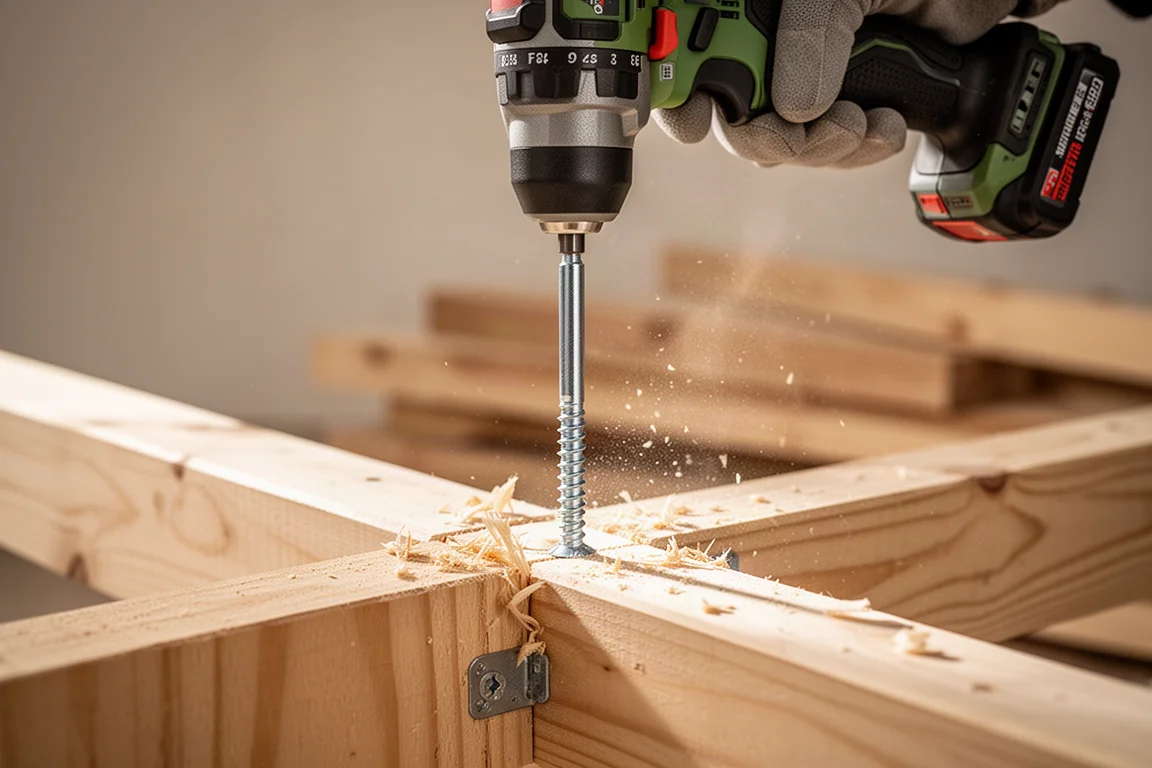 Impact driver driving a long fastener into timber framing