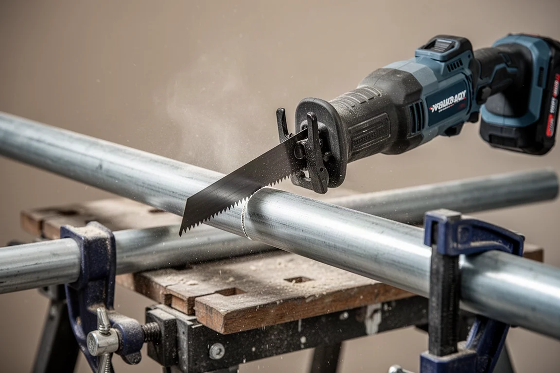 Reciprocating saw cutting through a metal pipe on a jobsite bench