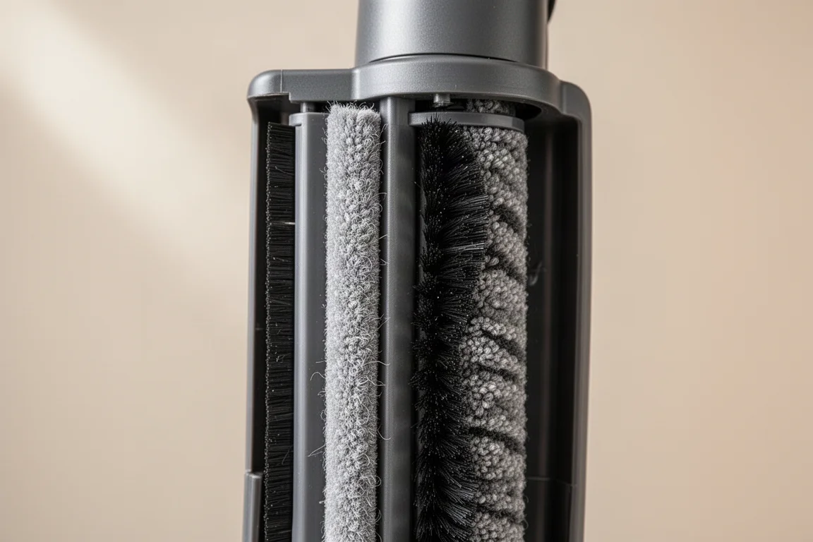 Close-up van een dubbele rollerborstel met zachte borstelstrook en tapijtborstel