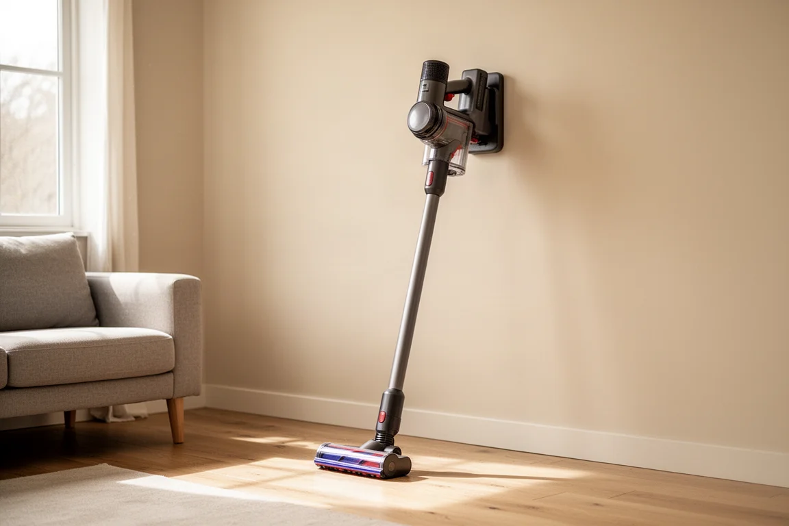 Accustofzuiger die rechtop alleen staat in een lichte woonkamer