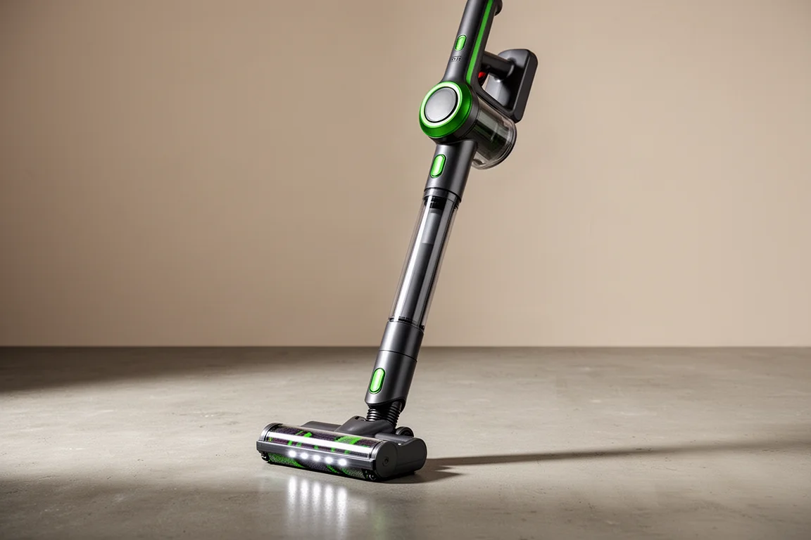 Ryobi HP Brushless Pet Stick Vac in piedi su un pavimento di cemento