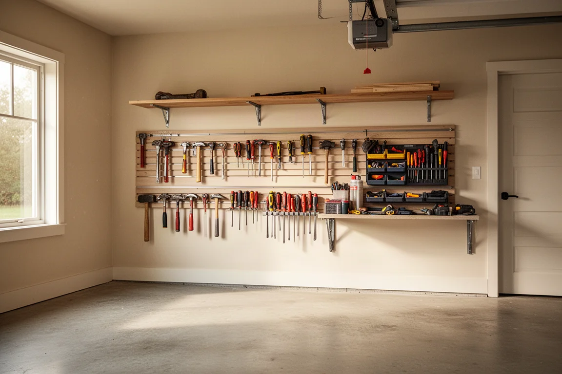 Organized garage wall with rails, hooks, and shelving holding tools