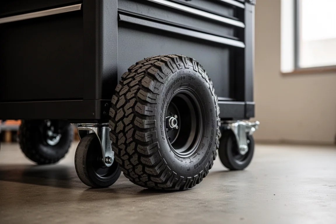 Rolling tool box with large wheels on a workshop floor