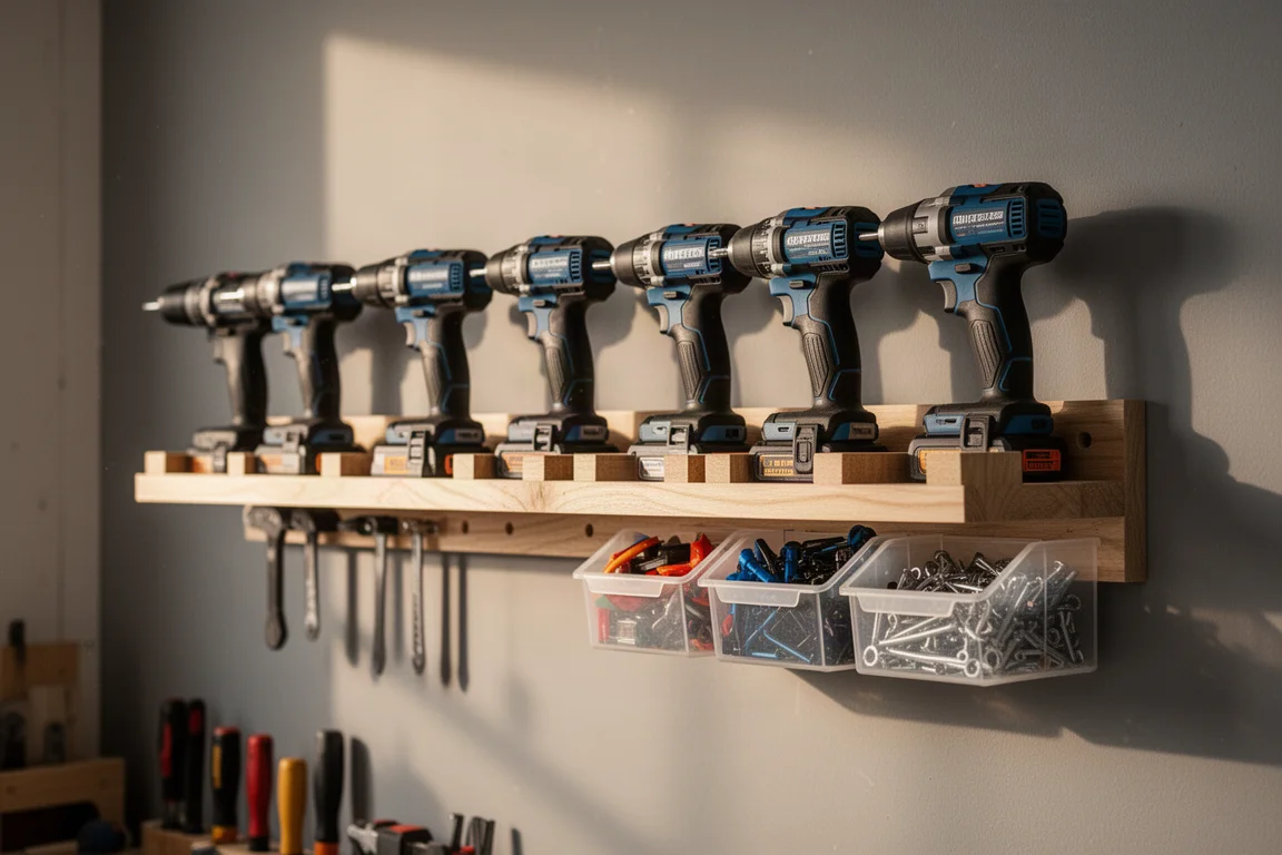 Wall-mounted storage shelf holding power tools in a home workshop